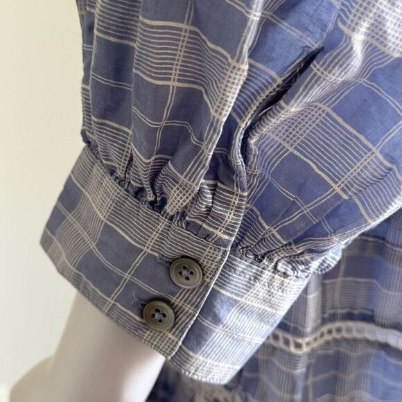 Free People Boho Lace Crotchet Plaid Puff Sleeve Top - Picture 6 of 7